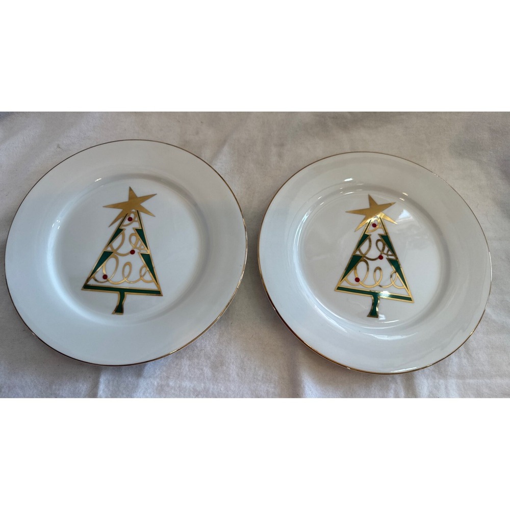 2 Pier 1 Holiday Dessert/Salad Plates 7.5" Gold Trim Christmas Tree Table Decor